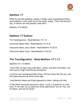 Matthew 17 Study Guide Handout