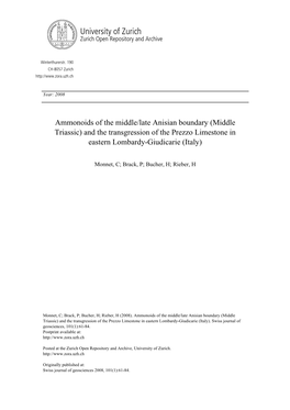 Ammonoids of the Middle/Late Anisian Boundary (Middle Triassic) and the Transgression of the Prezzo Limestone in Eastern Lombardy-Giudicarie (Italy)