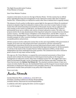 Letter to Prime Minister Trudeau Re Radioactive Waste Policy