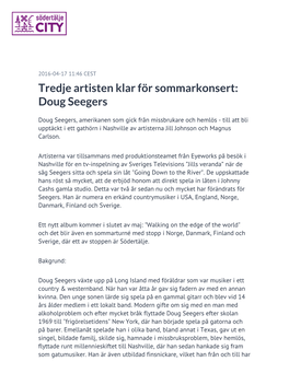 Tredje Artisten Klar För Sommarkonsert: Doug Seegers