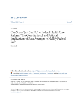 To Federal Health Care Reform? the Onsc Titutional and Political Implications of State Attempts to Nullify Federal Law Ryan Card