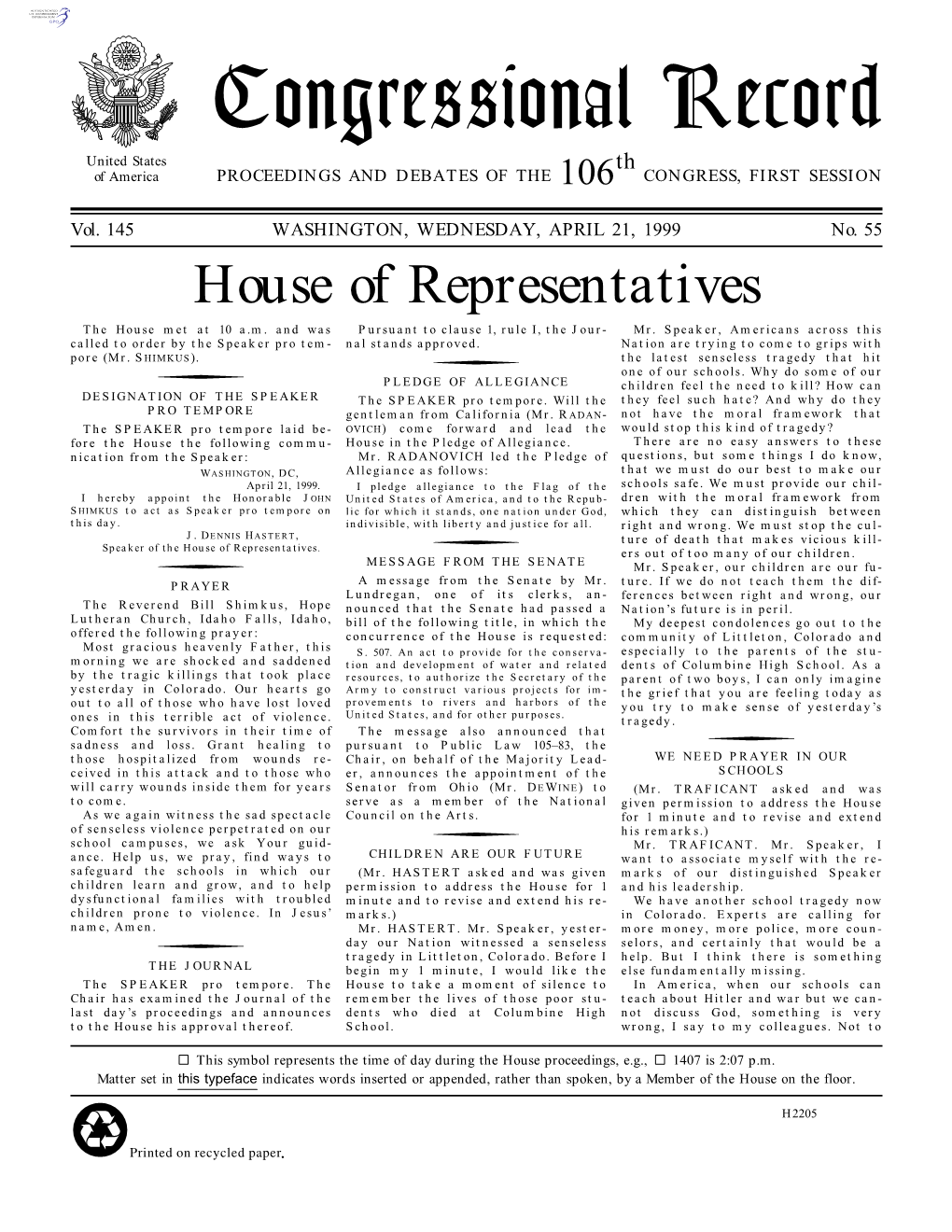 Congressional Record United States Th of America PROCEEDINGS and DEBATES of the 106 CONGRESS, FIRST SESSION