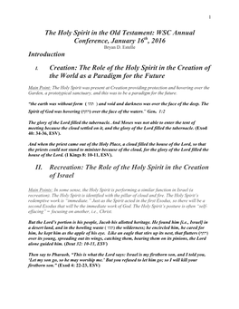 The Holy Spirit in the Old Testament: WSC Annual Conference, January 16Th, 2016 Bryan D