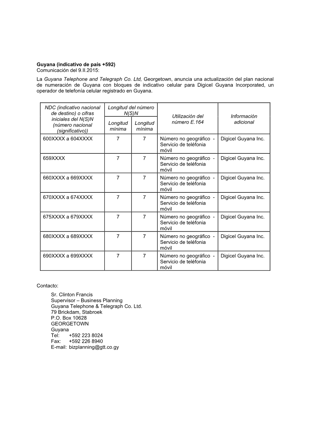 Guyana (Indicativo De País +592) Comunicación Del 9.II.2015 La Guyana