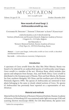 New Records of Smut Fungi. 2. &lt;I&gt;Anthracoidea Arnellii&lt;/I&gt; Sp. Nov