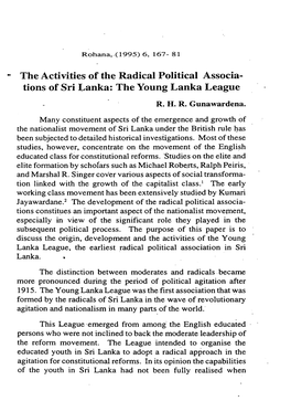 the Activities of the Radical Political Associa Tions of Sri Lanka: The