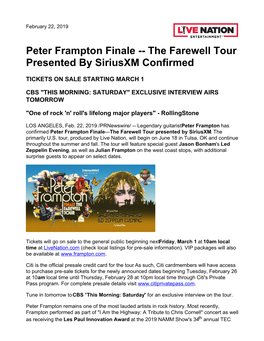 Peter Frampton Finale -- the Farewell Tour Presented by Siriusxm Confirmed