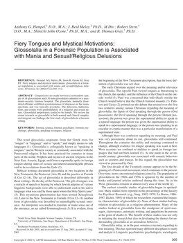 Fiery Tongues and Mystical Motivations: Glossolalia in a Forensic Population Is Associated with Mania and Sexual/Religious Delusions