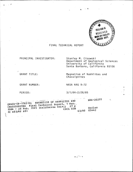 INASA-CB-176518) MAGNETISM Or NAKHLITES and N86-20277 CHASS IGNITES Piaal Technical Keport, 1 .Mar