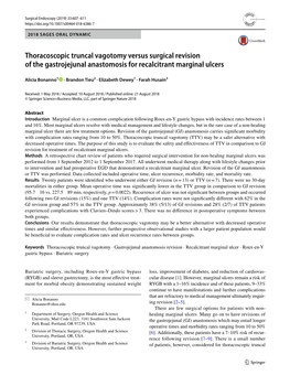 Thoracoscopic Truncal Vagotomy Versus Surgical Revision of the Gastrojejunal Anastomosis for Recalcitrant Marginal Ulcers