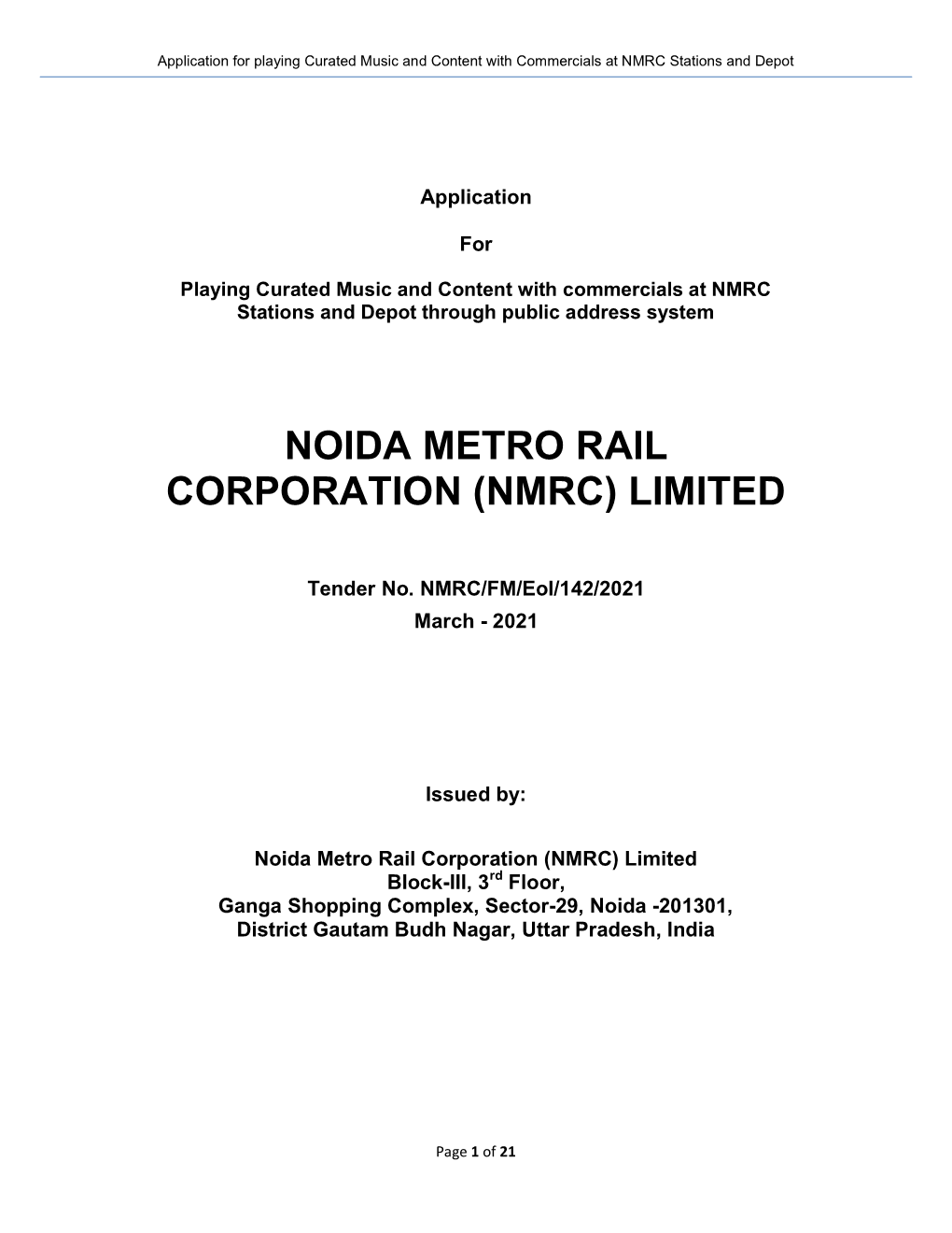Noida Metro Rail Corporation (Nmrc) Limited