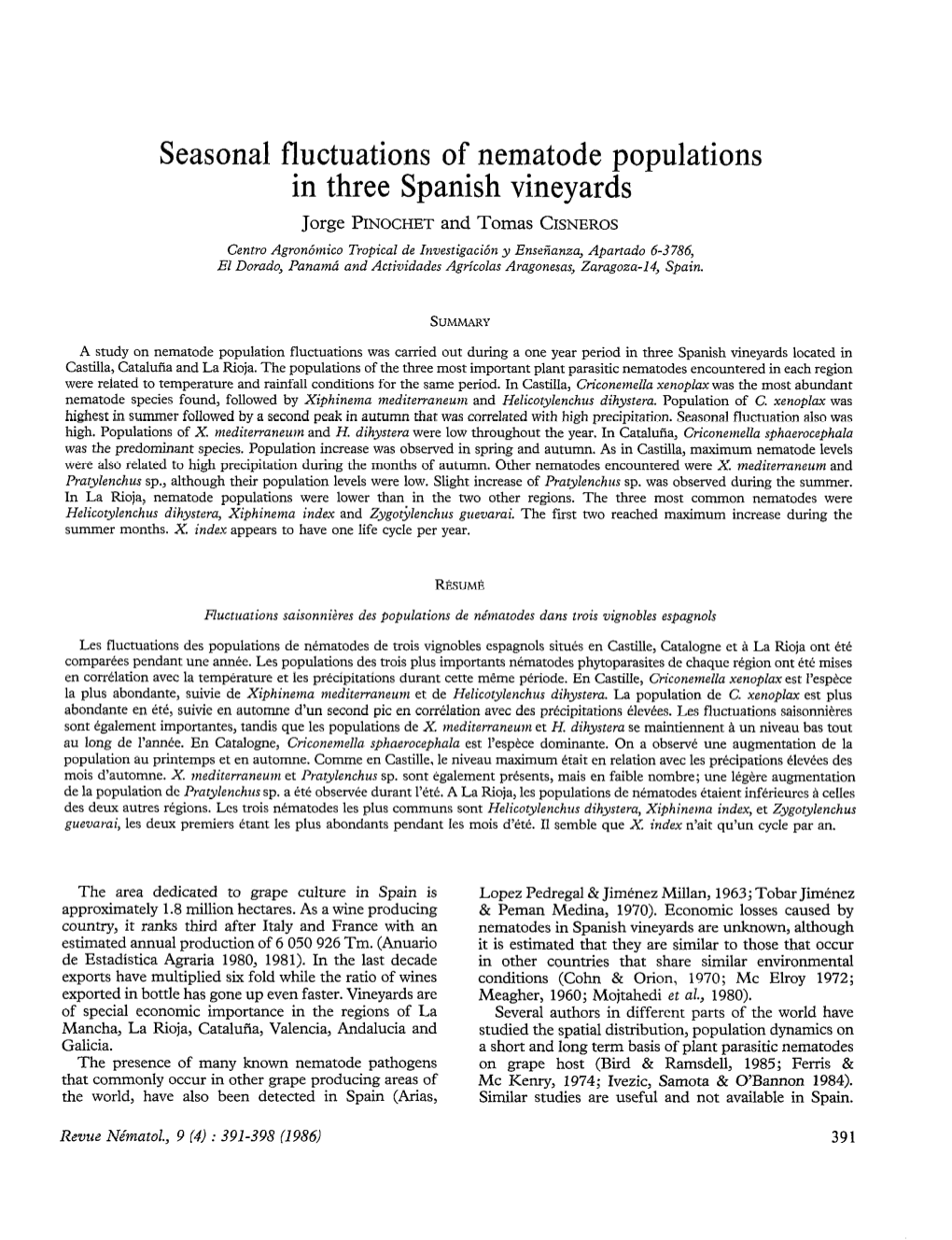 Seasonal Fluctuations of Nematode Populations in Three Spanish