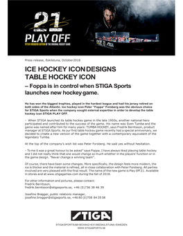 ICE HOCKEY ICON DESIGNS TABLE HOCKEY ICON – Foppa Is in Control When STIGA Sports Launches New Hockey Game