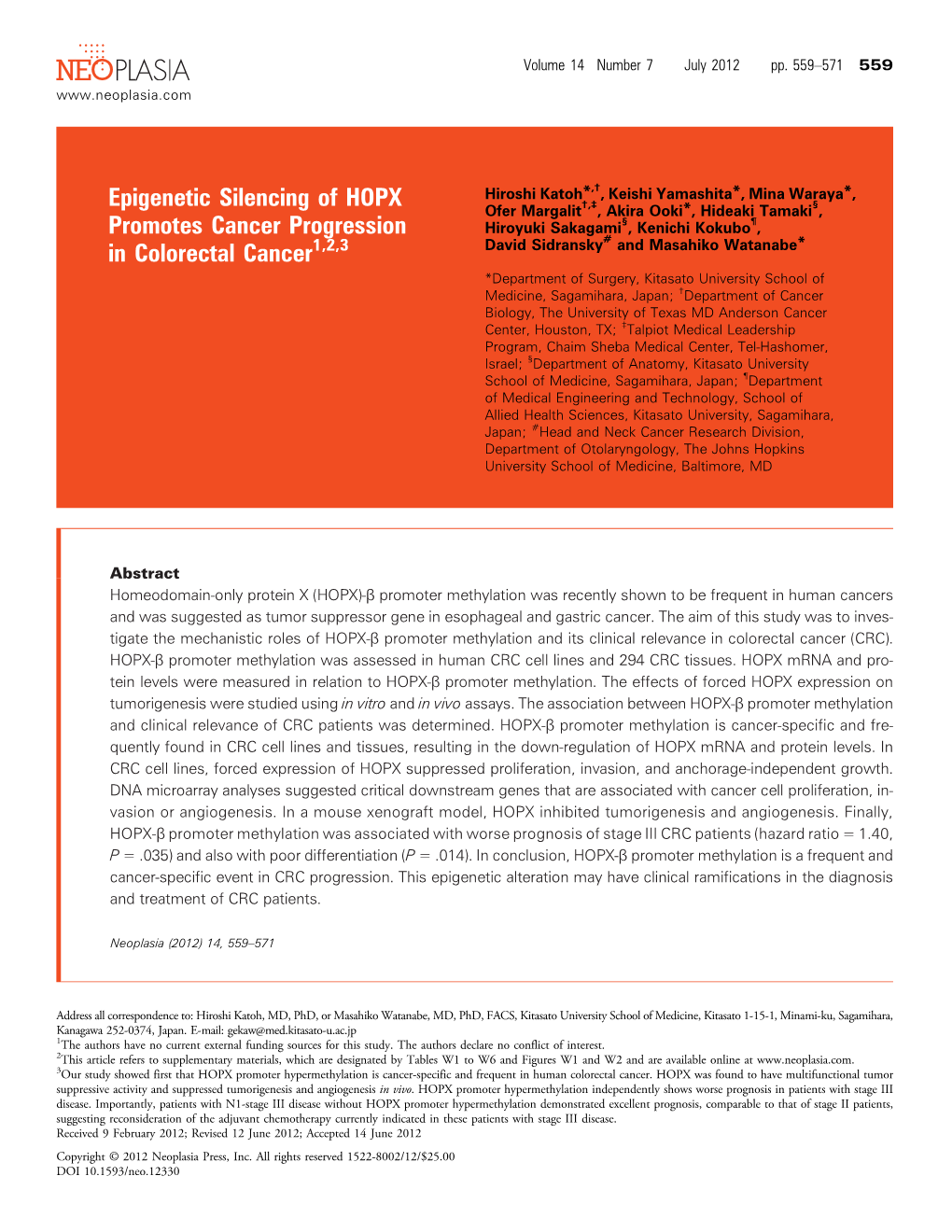 Epigenetic Silencing of HOPX Promotes Cancer Progression In