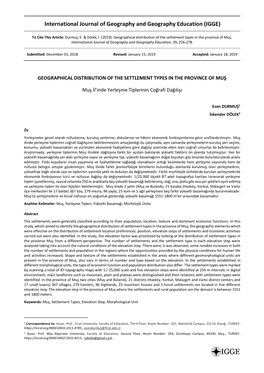 Muş Il'inde Yerleşme Tiplerinin Coğrafi Dağilişi