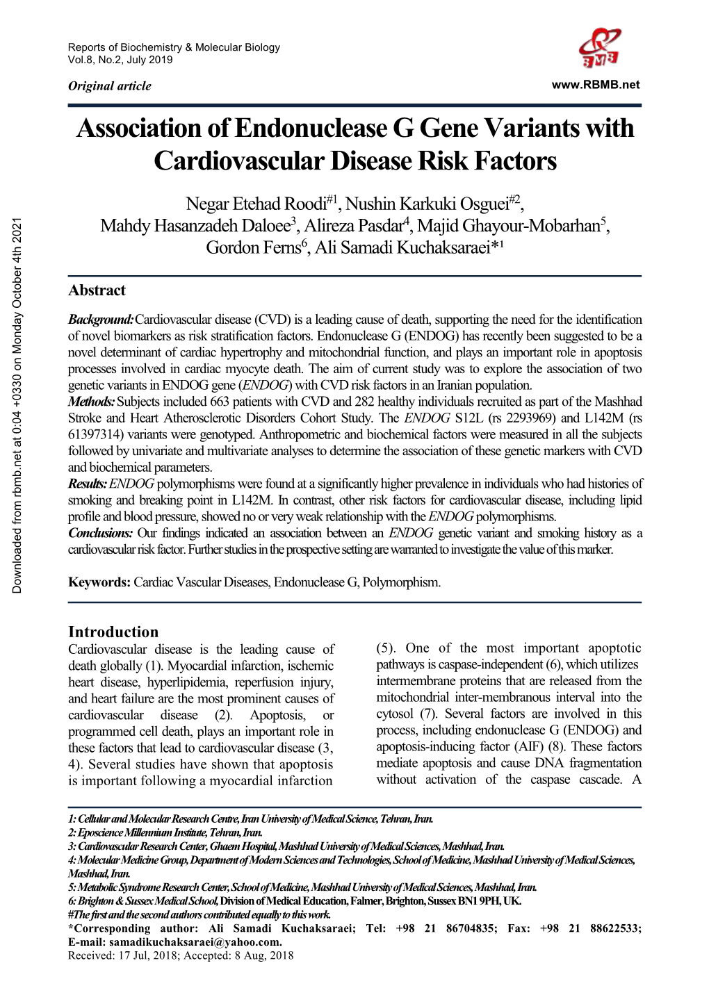 Association of Endonuclease G Gene Variants with Cardiovascular Disease Risk Factors