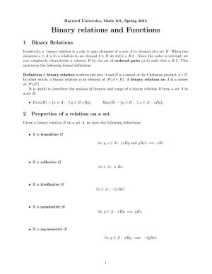 Binary Relations and Functions
