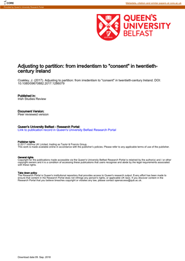 Adjusting to Partition: from Irredentism to "Consent" in Twentieth- Century Ireland