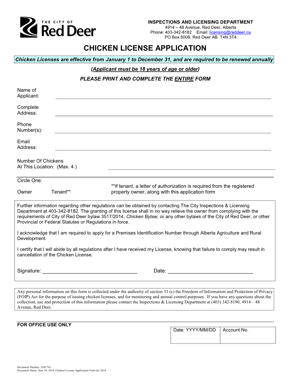 Chicken License Application Form for 2014