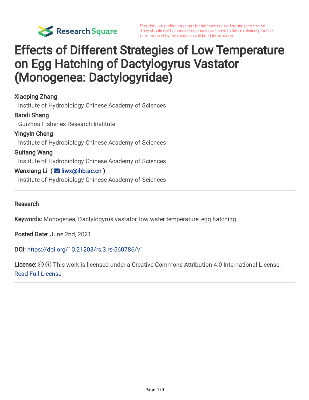 Effects of Different Strategies of Low Temperature on Egg Hatching of Dactylogyrus Vastator (Monogenea: Dactylogyridae)