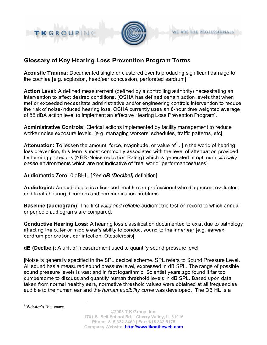 Glossary of Key Hearing Loss Prevention Program Terms