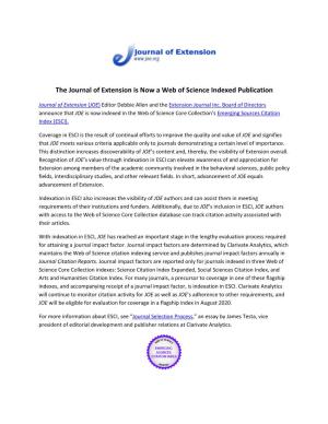 The Journal of Extension Is Now a Web of Science Indexed Publication
