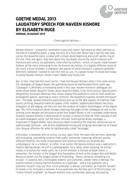 Laudatory Speech for Naveen Kishore by Elisabeth Ruge Weimar, 28 August 2013