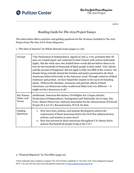 Reading Guide for ​The 1619 Project ​Essays