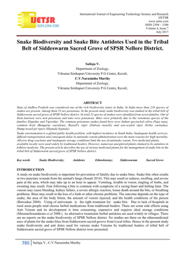 Snake Biodiversity and Snake Bite Antidotes Used in the Tribal Belt of Siddeswarm Sacred Grove of SPSR Nellore District