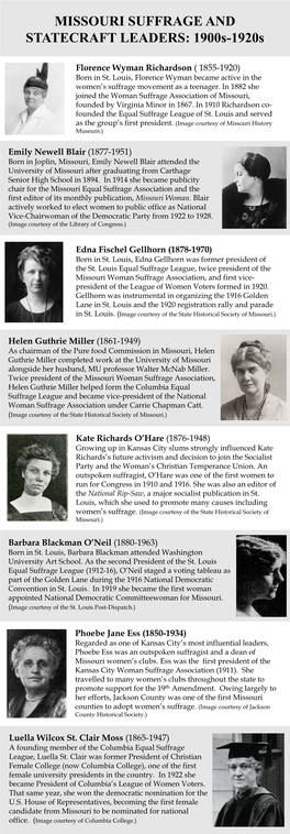 MISSOURI SUFFRAGE and STATECRAFT LEADERS: 1900S-1920S