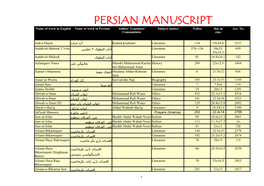 PERSIAN MANUSCRIPT Name of Work in English Name of Work in Persian Author/ Translator/ Subject Matter Folios Size in Acc
