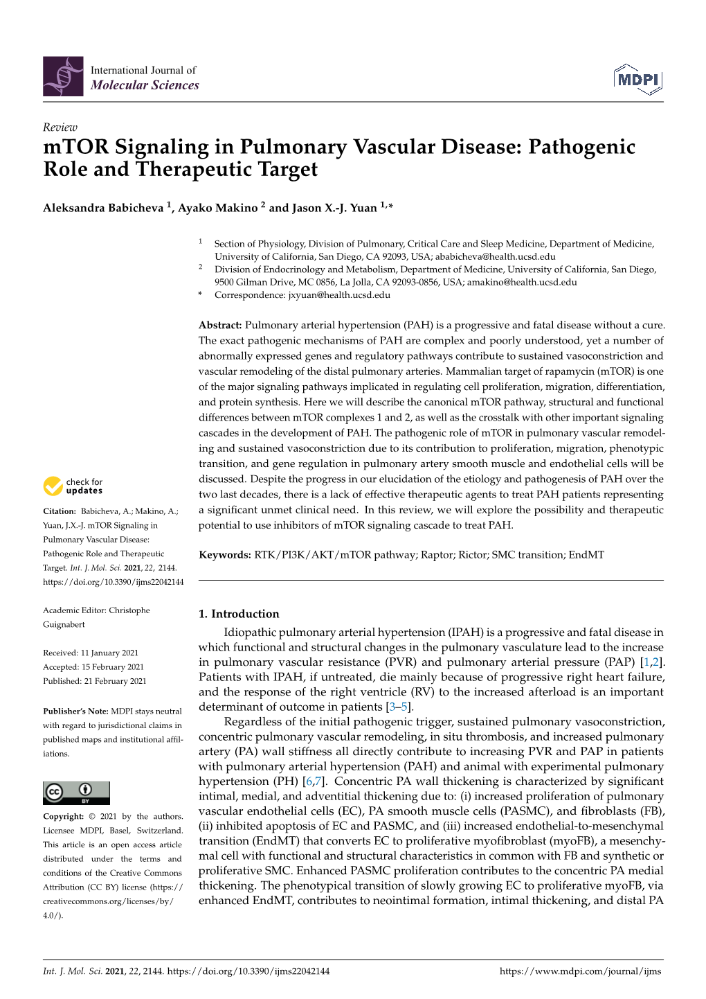 Mtor Signaling in Pulmonary Vascular Disease: Pathogenic Role and Therapeutic Target