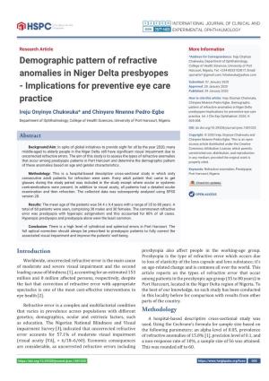 Demographic Pattern of Refractive Anomalies in Niger Delta Presbyopes - Implications for Preventive Eye Care Practice