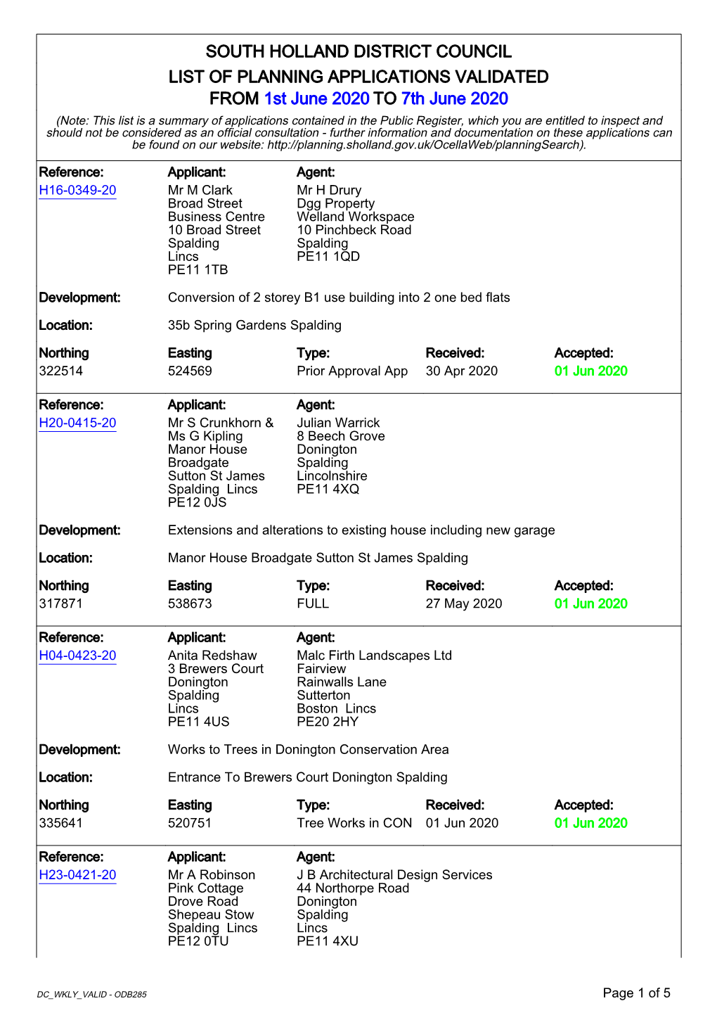 South Holland District Council List of Planning