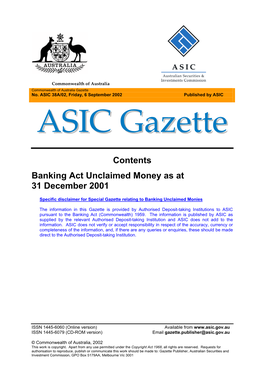 Contents Banking Act Unclaimed Money As at 31 December 2001