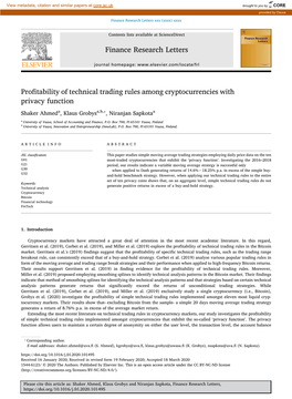 Profitability of Technical Trading Rules Among Cryptocurrencies with Privacy Function ⁎ Shaker Ahmeda, Klaus Grobysa,B, , Niranjan Sapkotaa