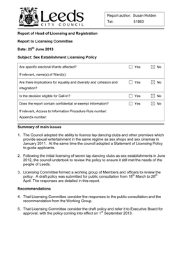 25Th June 2013 Subject: Sex Establishment Licensing Policy