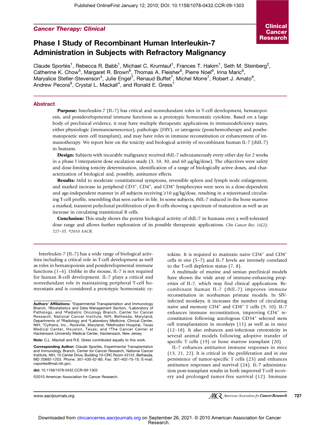 Phase I Study of Recombinant Human Interleukin-7 Administration in Subjects with Refractory Malignancy