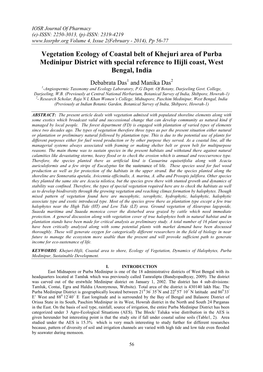 Vegetation Ecology of Coastal Belt of Khejuri Area of Purba Medinipur District with Special Reference to Hijli Coast, West Bengal, India