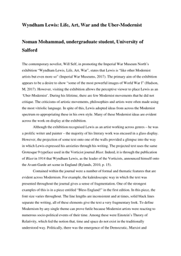 Wyndham Lewis: Life, Art, War and the Uber-Modernist Noman Mohammad, Undergraduate Student, University of Salford