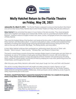 Molly Hatchet Return to the Florida Theatre on Friday, May 28, 2021