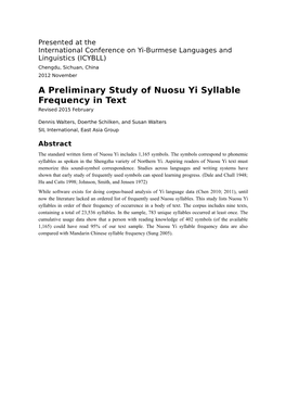A Preliminary Study of Nuosu Yi Syllable Frequency in Text Revised 2015 February