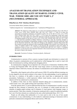 Analysis of Translation Technique and Translation Quality of Marvel Comics ‘Civil War : Whose Side Are You On? Part 1, 2’ (Multimodal Approach)