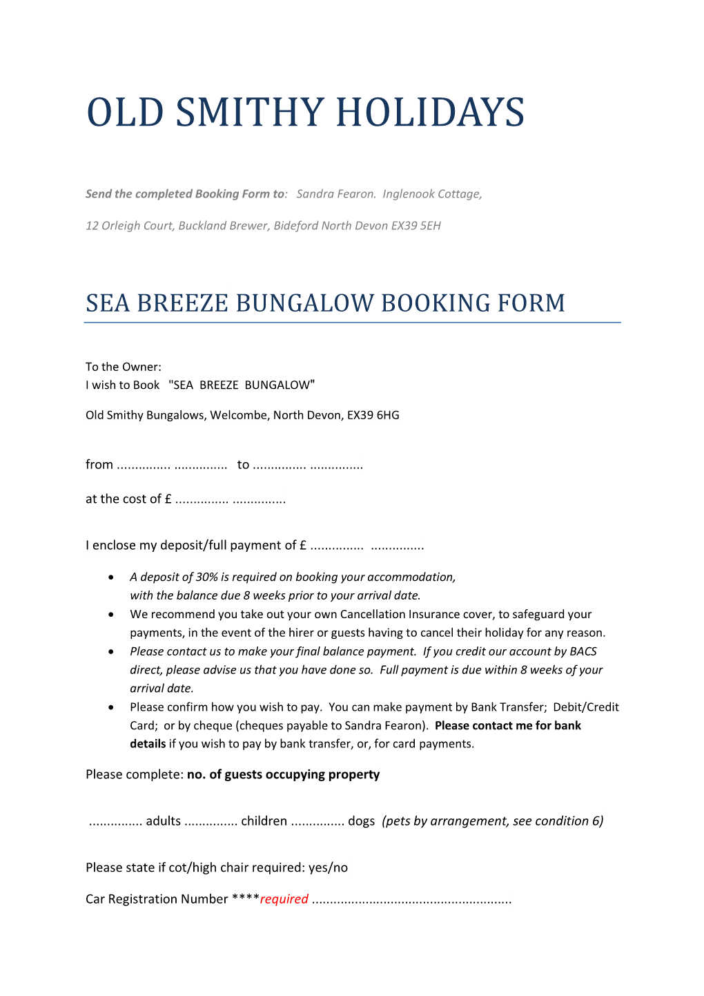 Sea Breeze Bungalow Booking Form