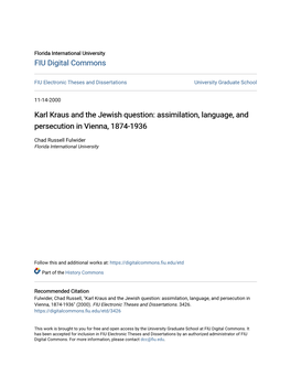 Karl Kraus and the Jewish Question: Assimilation, Language, and Persecution in Vienna, 1874-1936