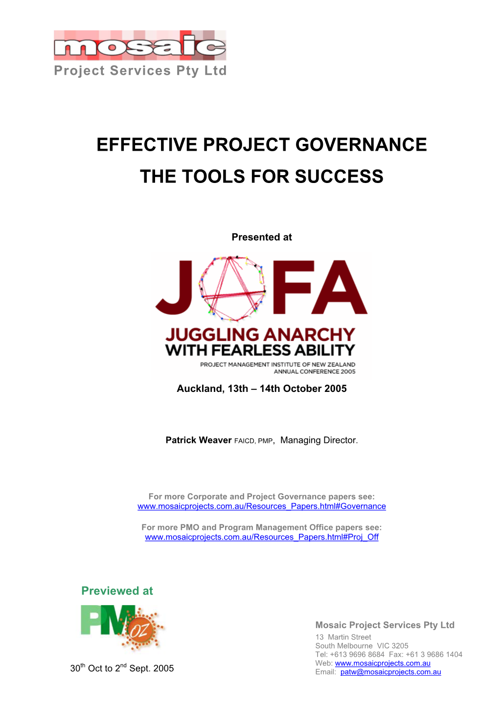 Effective Project Governance the Tools for Success