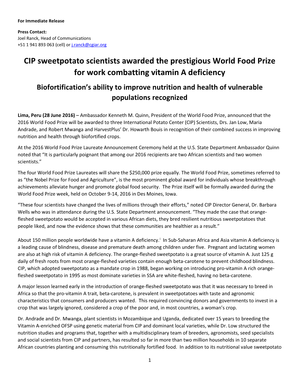 CIP Sweetpotato Scientists Awarded the Prestigious World Food Prize for Work Combatting Vitamin a Deficiency