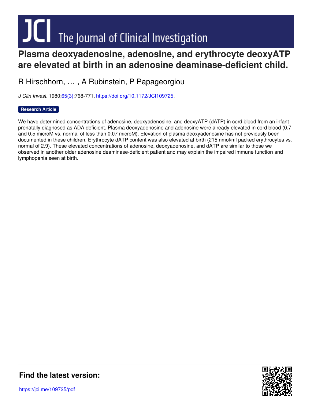 Plasma Deoxyadenosine, Adenosine, and Erythrocyte Deoxyatp Are Elevated at Birth in an Adenosine Deaminase-Deficient Child