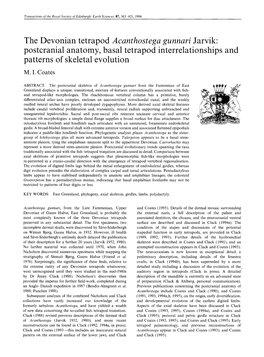 The Devonian Tetrapod Acanthostega Gunnari Jarvik: Postcranial Anatomy, Basal Tetrapod Interrelationships and Patterns of Skeletal Evolution M
