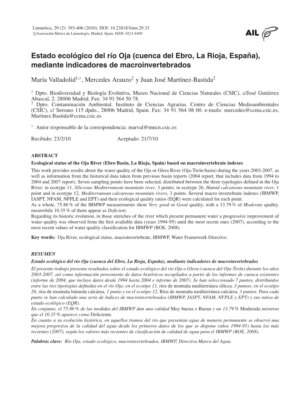 Estado Ecologico Rio Oja Mediante Indicadores Macroinvertebrados